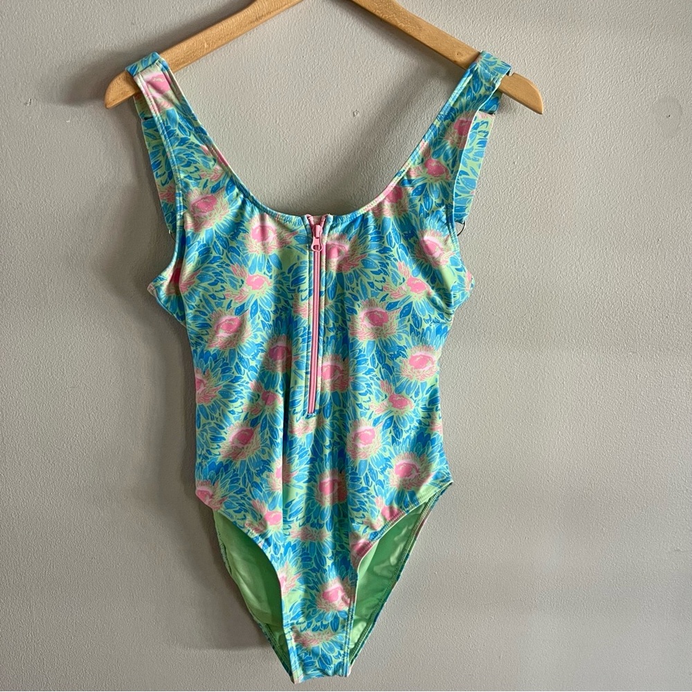 Pink Lily Floral Zip-Front One Piece Swimsuit Blue Pink Green Size Medium